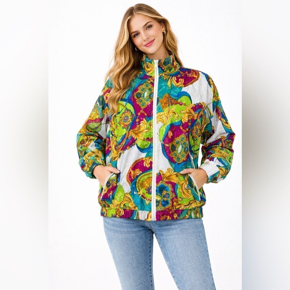 Vintage Clipper Bay Women's Y2K Multi Color Print Zip Up Jacket Size Medium